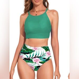Green Floral High-Waisted Bikini Set